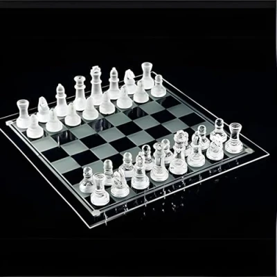 Image of Glamified Glass Chess Game Set,Frosted/Polished Board Set Pieces with Padded Bottom, Crystal Youth Adults Play (White)
