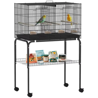 Image of PawHut Bird Cage with Divider, Parrot 4 Wooden Perches, Slide Out Tray, Feeders and Wheeled Stand, for Budgie, Lovebird, Canary, Finches, 76 x 46 116cm, Black