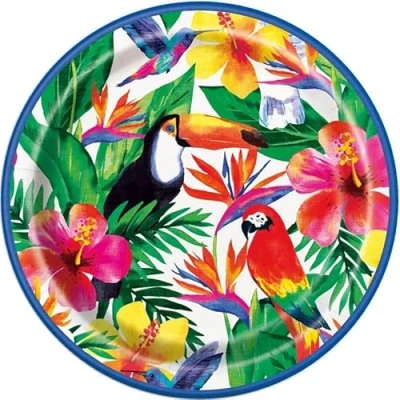 Image of Unique 72675EU Eco Friendly Paper Plates 23 cm Palm Tropical Luau Party 8 Count (Pack of 1), Multicolour