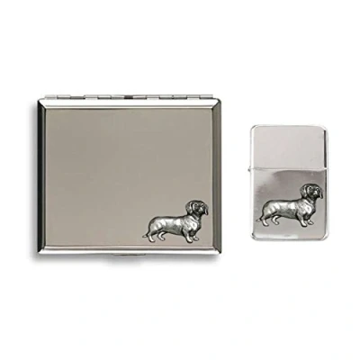Image of Daschund sausage dog polished chrome cigarette case and stormproof petrol lighter
