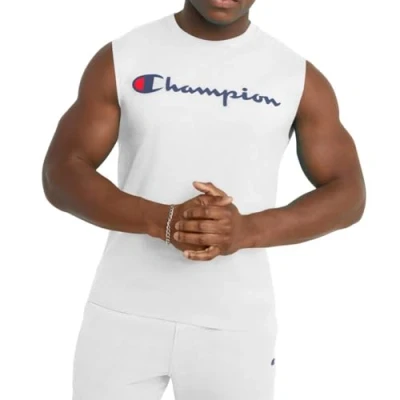 Image of Champion Men&#039;s T Shirt, Sleeveless, Tank, Classic Muscle Tee Top (Reg. Or Big &amp; Tall), White Script, Large