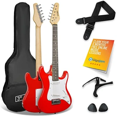 Image of 3rd Avenue XF 3/4 Size Kids Junior Electric Guitar Starter Beginner Pack with Bag, Strap, Picks and Capo Red
