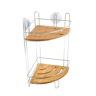 Image of MSV Corner Shower Caddy of Bamboo/Chrom 2 Levels, Wood, Silver/Brown, 25 x 5 cm
