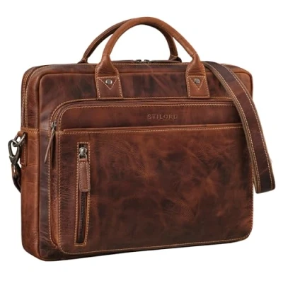 Image of STILORD &#039;Syd&#039; Business Bag Leather Men Women Laptop 14 Inch Genuine Shoulder Vintage Briefcase for Work and Travel, Colour:salerno brown
