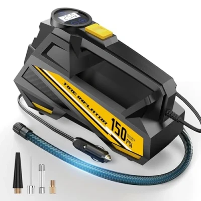 Image of Portable Car Tyre Inflator Air Compressor DC 12V with 150PSI LCD Digital Display and LED Emergency Light, Automatic Pump
