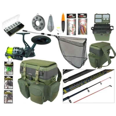 Image of COMPLETE STARTER BEGINNER SEA FISHING KIT SET ROD REEL SEAT BOX &amp; RUCKSACK NET