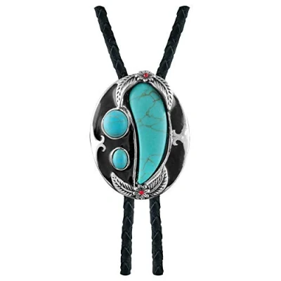Image of QUKE Native American Indian Ivory Shape Turquoise Stone Bolo Tie Vintage Necktie, Blue, Overall