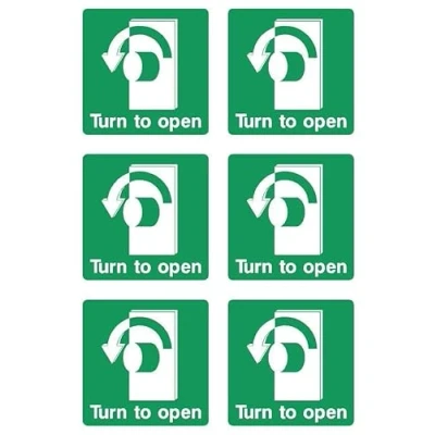 Image of Turn left to open door handle safety sign Pack of 6 100mm x Self adhesive stickers on sheet (300mm 200mm)