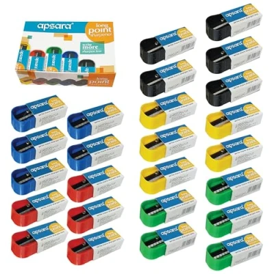Image of Sharply Pencil Sharpeners, Multicolour, Pack of 20, Long Point Single Hole Perfect for School Home Office Everyday Use, iZOFAX Black Ball Pen