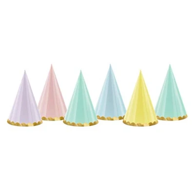 Image of PartyDeco Cone Caps Pack of 6 Pastel Coloured Party Hats with Gold Piping, Ideal for Birthdays and Celebrations