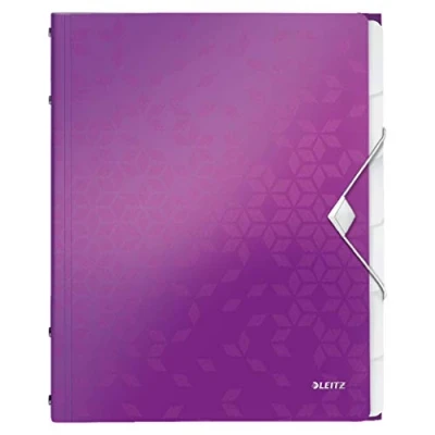 Image of Leitz A4 Divider Book, Holds Up to 200 Sheets, Integrated Index with 6 Compartments, Elastic Closure, Metallic Purple, WOW Range, 46330062