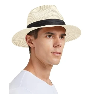 Image of Zylioo Straw Hats for Small Heads Summer Fedora Beach Sun Hat Petite Wide Brim UV Holiday