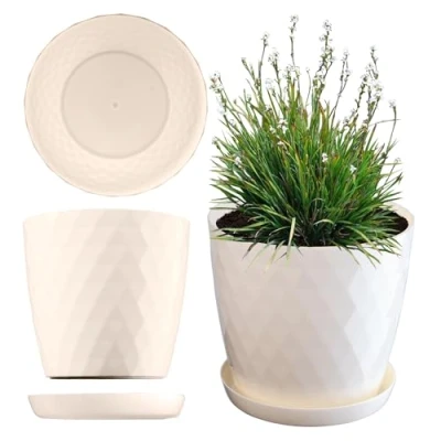 Image of KADAX Plastic Flower Pot, Durable Plant Pot with Saucer for Houseplants, Decorative Planter in Several Colours Indoor Use (Cream, 16 cm)