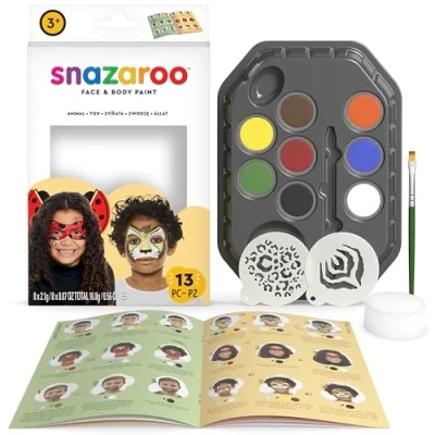 Image of Snazaroo Animal World Face Painting Palette Kit for Kids &amp; Adults, 8 Colours, 13pcs, Stencils, Brush, Sponge, Guide, Water Based, Easily Washable, Non Toxic, Makeup, Body Parties
