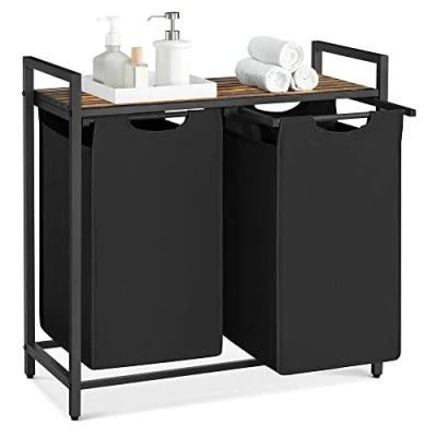 Image of Vasagle BLH201B01V1 Dirty Laundry Basket, 2 Compartments, Bin, with Removable Oxford Cloth Bags, Metal Frame, x 46 Litres, 73 33 72 cm, Rustic Brown and Black