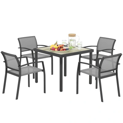 Image of Outsunny 4 Seater Garden Dining Set, 5 Piece Furniture Set with Stackable Armchairs, Outdoor Table and Chairs Easy Clean Top, Steel Frame, Texteline Seat, for Terrace, Balcony, Grey
