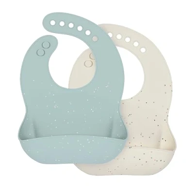 Image of LÄSSIG Baby Silicone Bib Set (2 Pieces) Toddler with Crumb Tray Dishwasher Safe Blue/Beige