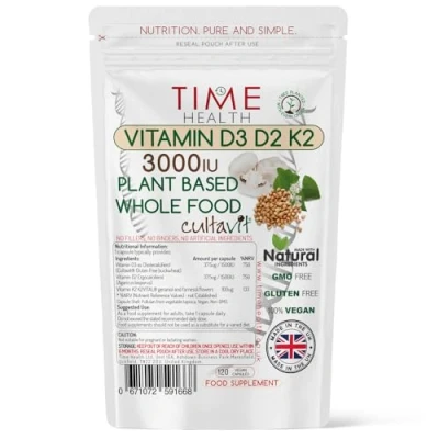Image of Vitamin D3, D2, K2, Natural Wholefood Plant Based 3000IU Zero Additives Pullulan (120 Capsule Pouch)