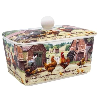 Image of The Leonardo Collection Macneil Studios Cockerel &amp; Hen Butter Dish with Lid British Designed Large for All Types of Kitchen Dishes Sizes