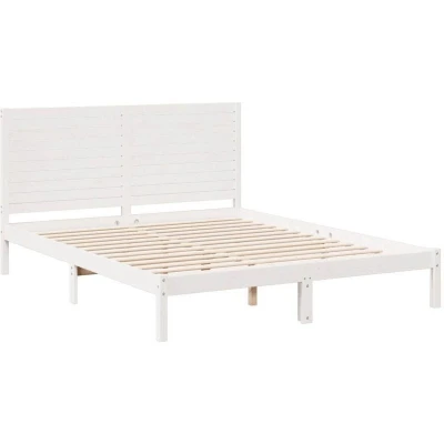 Image of vidaXL Extra Long Bed Frame White Solid Pine Wood 140x210 cm with Versatile Headboard and Storage Space Modern Double Bedstead