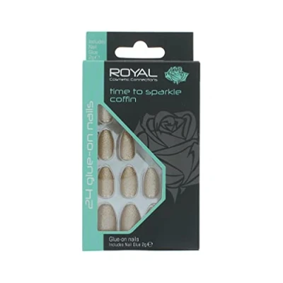 Image of Royal Cosmetics 24 glue on false Nails Time to sparkle Coffin, acrylic false/fake nails, stick with included.