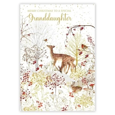Image of Granddaughter Christmas Card Special Deer in a Snowy Forest Artistic Festive Design Finish and Illustrated Insert Leaf Made the UK Eco Friendly