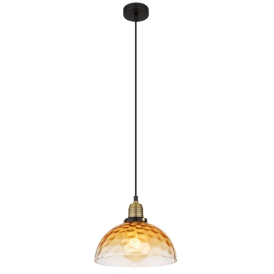 Image of Salvy Dome Pendant Ceiling Light Matt Black Amber Glass Shade 1x E27