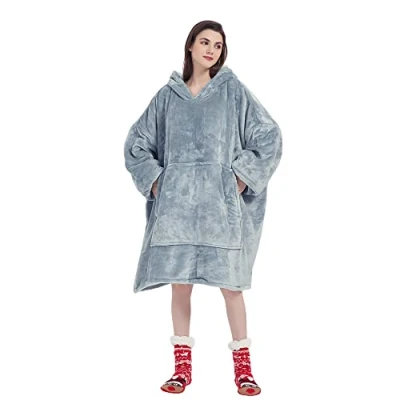 Image of 1ABOVE 96CM Oversized Sherpa Hoodie Blanket for Men &amp; Women, Ultra Soft Warm Cosy Wearable Sweatshirt with Sleeves and Big Pocket (LIGHT GREY)