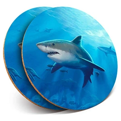 Image of 2 x Round Coasters Underwater Shark Fish Ocean Sea Diver Cork Backed Home Kitchen Accessory Tea Coffee Mug Mat #8080
