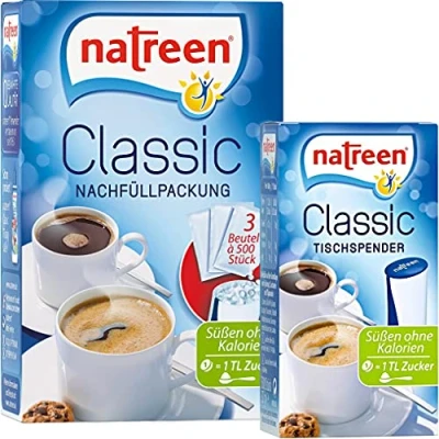 Image of NATREEN® Classic Table Dispenser 500 pcs. and Refill Pack 3x500 The calorie free sweetener for coffee tea / Netherlands