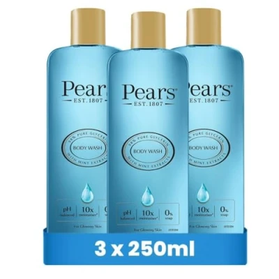 Image of Pears Pure &amp; Gentle Body Wash with Fresh Mint Extract Nourishing Gel Cleanser 10x More Moisturiser * Beauty Bath for Moisturising Care Suitable Men and Women 250ml (3 Pack)
