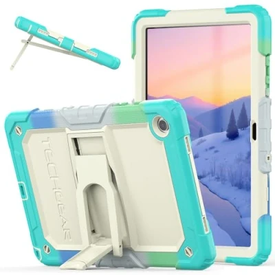 Image of TECHGEAR ArmourSHIELD Case For Samsung Galaxy Tab A9 Plus 11&quot; 2023 (SM X210 / SM X215) Full Body Tough Shockproof Rugged with Folding Stand, Screen Protector, Kids Schools Work Case, Blue Rainbow