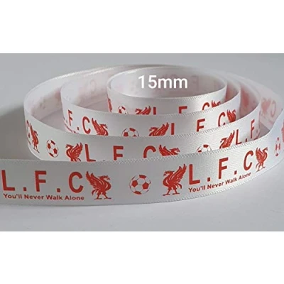 Image of Liverpool Ribbon 15mm Wide Satin Crafting Cake Gift wrap x 1 metre (White Ribbon/Red Print)
