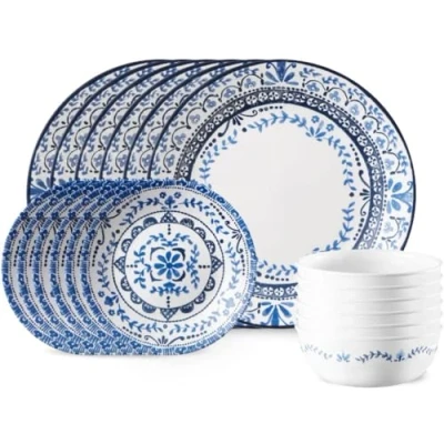 Image of Corelle 18 piece dinner Set, Portofino, Blue and White for 6, Chip Resistant Dinnerware, includes 26cm plates, 17cm salad / side plates 530ml soup cereal bowls