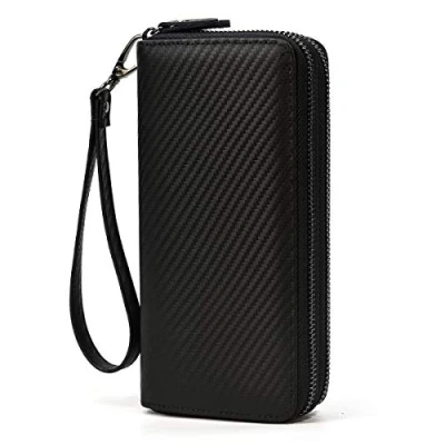 Image of Men&#039;s Genuine Leather Clutch Bag Double Zipper Purse 4 Interlayer Zip Around Wallet (Black)