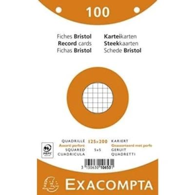 Image of Exacompta Ref 10653E Bristol Squared Record Cards (Pack of 100) 125 x 200mm in Size, 205gsm Card, Compatible with Printers Suitable for Exam Revision &amp; Notes Assorted Colours