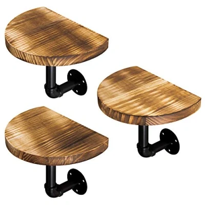 Image of Navaris Industrial Pipe Shelf Set 3 Small Rounded Wooden Shelves with Brackets 15x20cm Wall Mounted Wood Shelving Size S, Burnt Brown