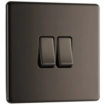 Image of BG Electrical Double Wall Light Switch, 2 Way, Screwless Front Plate, Slim Profile, Premium Flatplate, Black Nickel, 20A, 16AX, FBN42