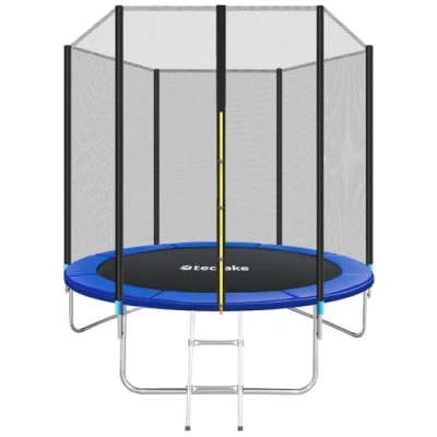 Image of tectake® Outdoor Trampoline for Kids &amp; Adults Robust Sports Equipment with Tear Resistant Net, Strong Springs, Stable Frame, Safety Enclosure, Edge Cover, Ladder Weather 8ft / 2.5m