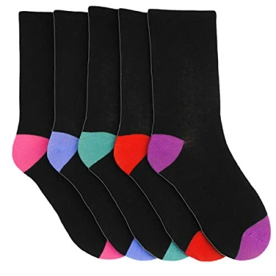 Image of Rozgul Ladies 5 Pack Cotton Rich Socks Black with Multicoloured Heels &amp; Toes 4 7