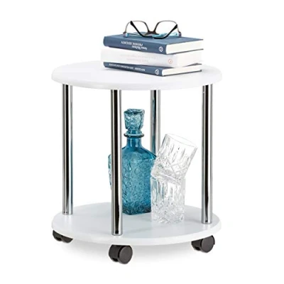 Image of Relaxdays Wooden Side Table, Multipurpose Cart on 4 Castors, Small Coffee Table &amp; Kitchen Trolley, Round, HWD: 41.5 x 40 cm, White
