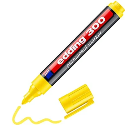 Image of edding 300 permanent marker yellow 1 pen round tip 1.5 3 mm waterproof, quick drying, smear proof pens for cardboard, plastic, glass, wood, metal and fabric