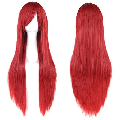 Image of Fouriding 32&quot; Red Women&#039;s Long Straight Full Wigs Costume Synthetic Hair Hairpieces with Oblique Bangs for Halloween Anime Cosplay Party Girl Women +Wig Cap