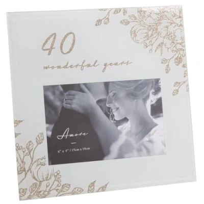 Image of Amore Anniversary Grey Glass 6&#039;x4&#039; Photo Frame with Glitter/Wording 40 Years Together