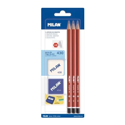 Image of Olówki HB MILAN 3 sztuki + gumka 430 temperówka AFILA kwadratowa na blistrze