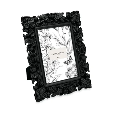 Image of Laura Ashley 4x6 Black Floral Textured Hand Crafted Resin Picture Frame with Easel, for Tabletop &amp; Wall Display, Decorative Design Home D cor, Photo Gallery, Art More (4x6, Black)