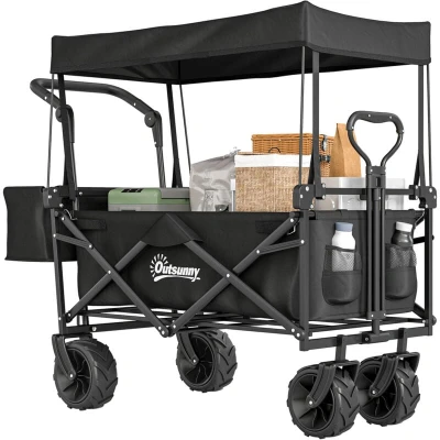 Image of Outsunny Folding Trolley Cart Storage Wagon Beach Trailer 4 Wheels with Handle Overhead Canopy Push Pull For Shopping Camping, Black
