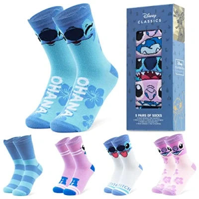 Image of Disney Stitch Socks Women Baby Yoda Calf Length for Teenagers 5 Pack Size 3 8 Stretchy Gifts
