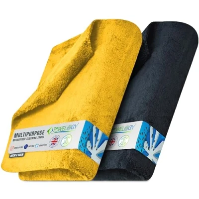 Image of Towelogy X04 Large Car Drying Towel Microfibre Edgeless 550gsm Super Absorbent 60x40cm (24x16in) Lint Free Detailing Cloth (2, Black/Yellow)