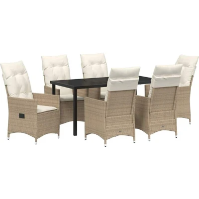 Image of vidaXL 7 Piece Garden Dining Set with Cushions, Beige Poly Rattan